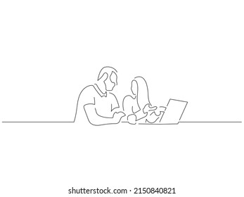 Young couple working with a laptop in line art drawing style. Composition of people using technology. Black linear sketch isolated on white background. Vector illustration design.
