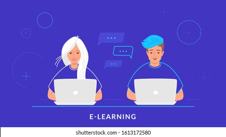 Young couple working with laptop at work desk typing on keyboard. Flat line vector illustration of e-learning, students studying and online chatting. People working with laptop on blue background