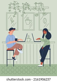 Young couple working together in cafe and drinking coffee, flat vector illustration. Coffee house interior. Man and woman with laptop in coffee shop. Friends spending time together.