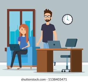 young couple in the workplace scene