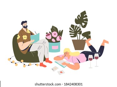 Young couple writing wedding vows while preparing for marriage day event and procedure. Bride and groom planning wedding ceremony. Flat vector illustration