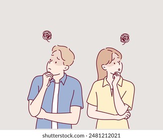 Young couple,Be worried. 
Hand drawn style vector design illustrations.