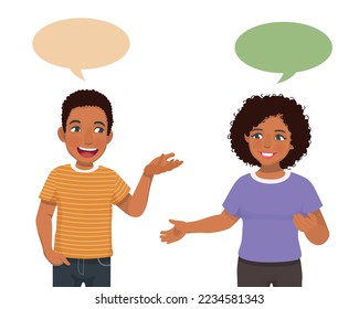 young couples African man and woman having conversation talking to each others with speech bubbles