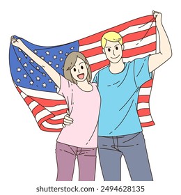 Young couples american woman and man are holding america flag on isolated white background . Cartoon style .