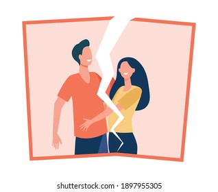 Young Couples Breakup. Torn Picture Of Happy Girl And Guy. Flat Vector Illustration. Split Up, Divorce, Heartbreak Concept For Banner, Website Design Or Landing Web Page