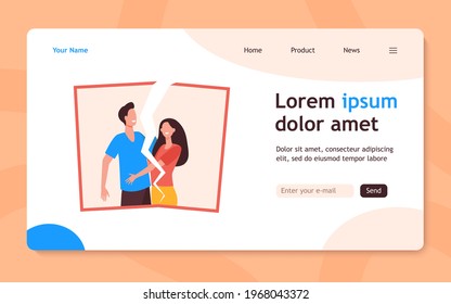 Young couples breakup. Torn picture of happy girl and guy. Flat vector illustration. Split up, divorce, heartbreak concept for banner, website design or landing web page