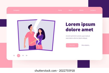 Young couples breakup. Torn picture of happy girl and guy. Flat vector illustration. Split up, divorce, heartbreak concept for banner, website design or landing web page