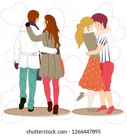 Young couples character fall in love on heart shape decorated background.