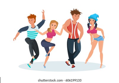 Young couples dance modern types of dances: popular popular youth dances, hip hop and rnb production. Vector illustration isolated in cartoon style.