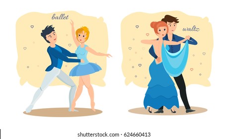 Young couples dance modern types of dances: beautiful, rhythmic ballet and delicate, sensual waltz, in beautiful outfits and costumes. Modern vector illustration isolated in cartoon style.