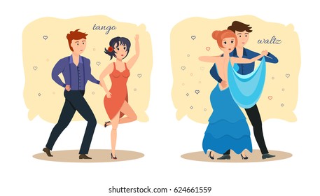 Young couples dance modern types of dances: passionate tango and delicate, sensual waltz, in beautiful dresses and costumes. Modern vector illustration isolated in cartoon style.