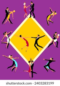 Parejas jóvenes bailando el Charleston en la pista de baile. Plantilla de diseño de invitación de parte retro. Ilustración vectorial. Estilo Art Decó.