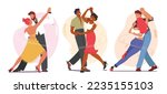 Young Couples Dancing Sparetime, Characters Active Lifestyle, Men and Women Spend Time Together Tango, Bachata or Salsa Dance Lessons, Leisure or Weekend Hobby. Cartoon Vector People Illustration