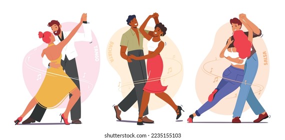 Young Couples Dancing Sparetime, Characters Active Lifestyle, Men and Women Spend Time Together Tango, Bachata or Salsa Dance Lessons, Leisure or Weekend Hobby. Cartoon Vector People Illustration