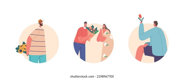Young Couples Dating Isolated Round Icons. Boyfriend Give Flowers to Girlfriend, Men Giving Bouquets to Girls. Love, Human Relations, Gift for Valentine Day or Birthday. Cartoon Vector Illustration