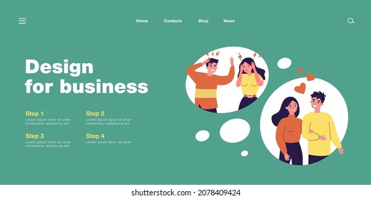 Young couples in different relationships. Heart, friend, confrontation flat vector illustration. Love and communication concept for banner, website design or landing web page