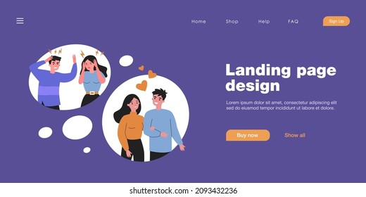 Young couples in different relationships. Heart, friend, confrontation flat vector illustration. Love and communication concept for banner, website design or landing web page