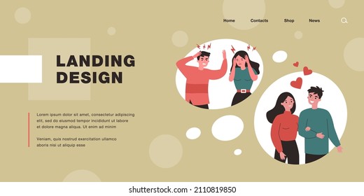 Young couples in different relationships. Heart, friend, confrontation flat vector illustration. Love and communication concept for banner, website design or landing web page