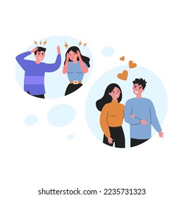Young couples in different relationships. Heart, friend, confrontation flat vector illustration. Love and communication concept for banner, website design or landing web page