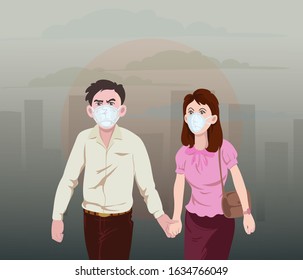 Young couples feel safe in their daily lives when they wear masks to prevent air pollution. hand drawn style vector design illustrations.