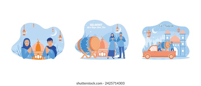 Young couples forgive each other and wish each other a happy Eid. Standing next to the drum. Boys perform takbir on the eve of Eid al-Fitr. Happy Eid Mubarak concept. Set flat vector illustration .