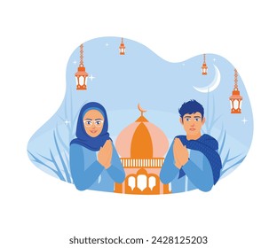  Young couples forgive each other and wish each other a happy Eid. Happy Eid Mubarak concept. flat vector modern illustration 