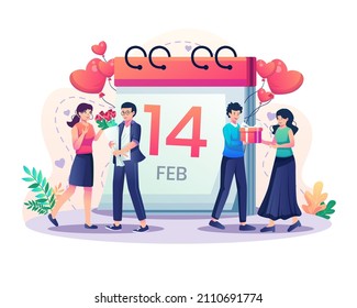 young couples give gifts to girlfriends each other. loving couples celebrating Valentine's Day on 14th February. Flat style vector illustration