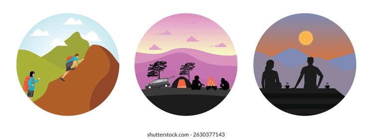 Jovens casais estão caminhando nas montanhas com mochilas e equipamentos ao ar livre. Uma cena de acampamento ao pôr do sol. Casal romântico admirando um nascer do sol sereno sobre montanhas. Conceito de aventura de casal