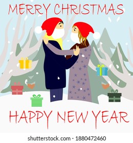 Young couples hugging each other at winter park during celebration of Christmas and new year, with wearing medical face mask.