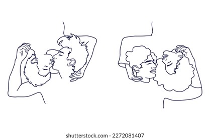 Young couples kissing and hugging upside down. Line art illustration, isolated on white background. 
