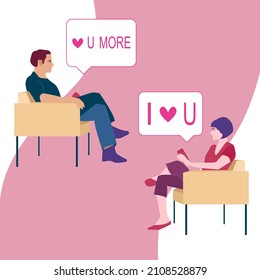 Las parejas jóvenes enamoradas se comunican con palabras de amor y charlas en línea. Feliz Día de San Valentín. Relación, amor, día de San Valentín, concepto romántico. Ilustración vectorial editable