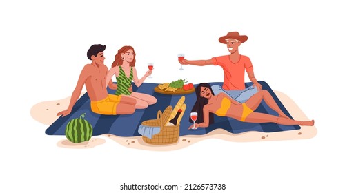 Young couples on a beach picnic. People resting and relaxing on beach, eating snacks, drinking wine and chatting on sea shore. Happy men and women having picnic on summer vacation or holidays travel