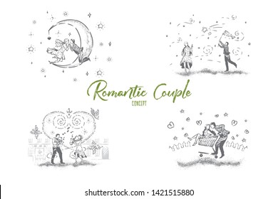 Young couples on date, man catching star, people playing saxophones, pair ride in shopping cart, dating banner. Romantic relationship, surreal romance concept sketch. Hand drawn vector illustration