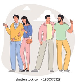 Young couples on romantic date. Set of teenage boys and girls holding hands together. Flat cartoon vector concept of gender diversity.