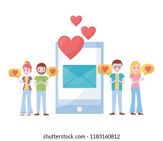 young couples with smartphone and set icons