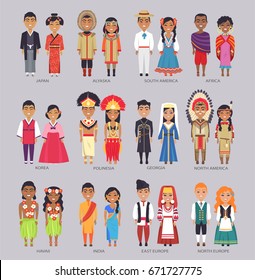 Young couples in traditional clothes presenting their native countries. International people day template vector colorful illustration