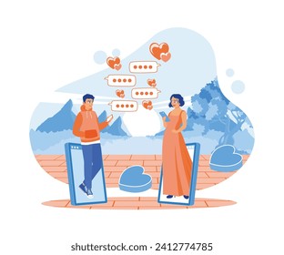 Young couples using mobile phones send and read messages in text bubbles. Online Dating concept. Flat vector illustration.