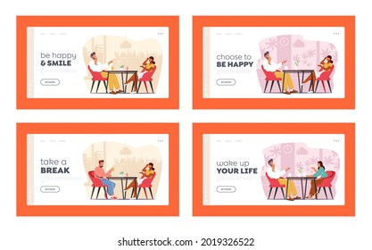 Young Couples Visiting Cafe, Hospitality Landing Page Template Set. Characters Meeting Sitting at Tables Drinking Beverages, Talking in Modern Restaurant Interior. Cartoon People Vector Illustration