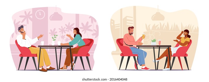 Young Couples Visiting Cafe, Meeting, Hospitality Concept. Male and Female Characters Sitting at Tables Drinking Beverages, Talking in Modern Restaurant Interior. Cartoon People Vector Illustration