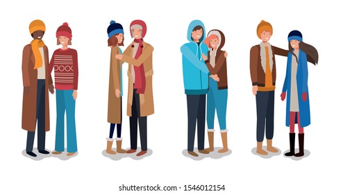 young couples with winter clothes characters vector illustration design young couples with winter clothes characters vector illustration design