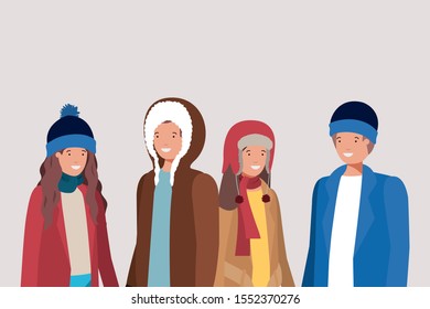 young couples with winter clothes characters vector illustration design