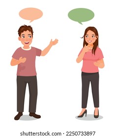 Young couples woman and man talking to each others having conversation with speech bubbles