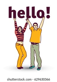 Young coupple isolated and sign hello. Color vector illustration. EPS10