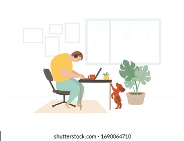 Young courageous guy works at home at the table. Happy freelancer listen to music. Little brown puppy reaches out to the owner. Abstract colorful vector illustration isolated on white background.