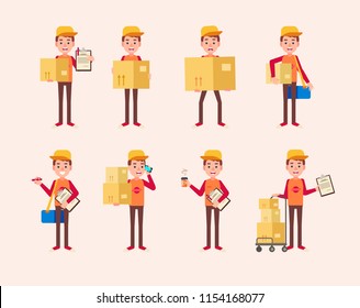 Young courier character set with various accessories, emotions, poses and gestures. Man character in front view for your project. Cartoon style, flat vector illustration.