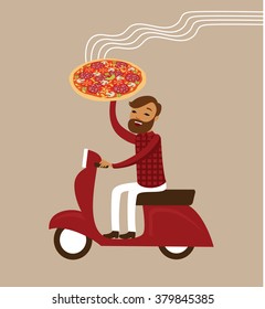 Young courier deliver hot pizza driving scooter