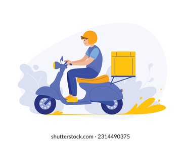 Corredor joven que entrega paquetes usando diferentes medios de transporte. Transportadores de paquetes regionales en motocicleta. Sistema postal moderno. Ilustración de estilo plano vectorial sobre fondo blanco