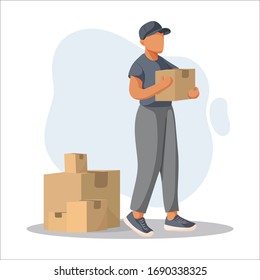 Young courier delivers parcels box to customer. Concept for online shop or e-shop. Vector illustration.
