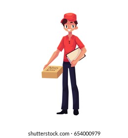 Young courier, delivery service worker standing with clipboard and parcel box, cartoon vector illustration isolated on white background. Full length portrait of young delivery service man