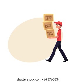 Young courier, delivery service worker carrying pile of boxes, packages, cartoon vector illustration with space for text. Full length portrait of delivery service man with pile of boxes